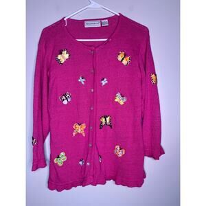 2000s Bellepointe Pink Rainbow Ribbon Butterflies Ruffle Hem Feminine Cardigan L